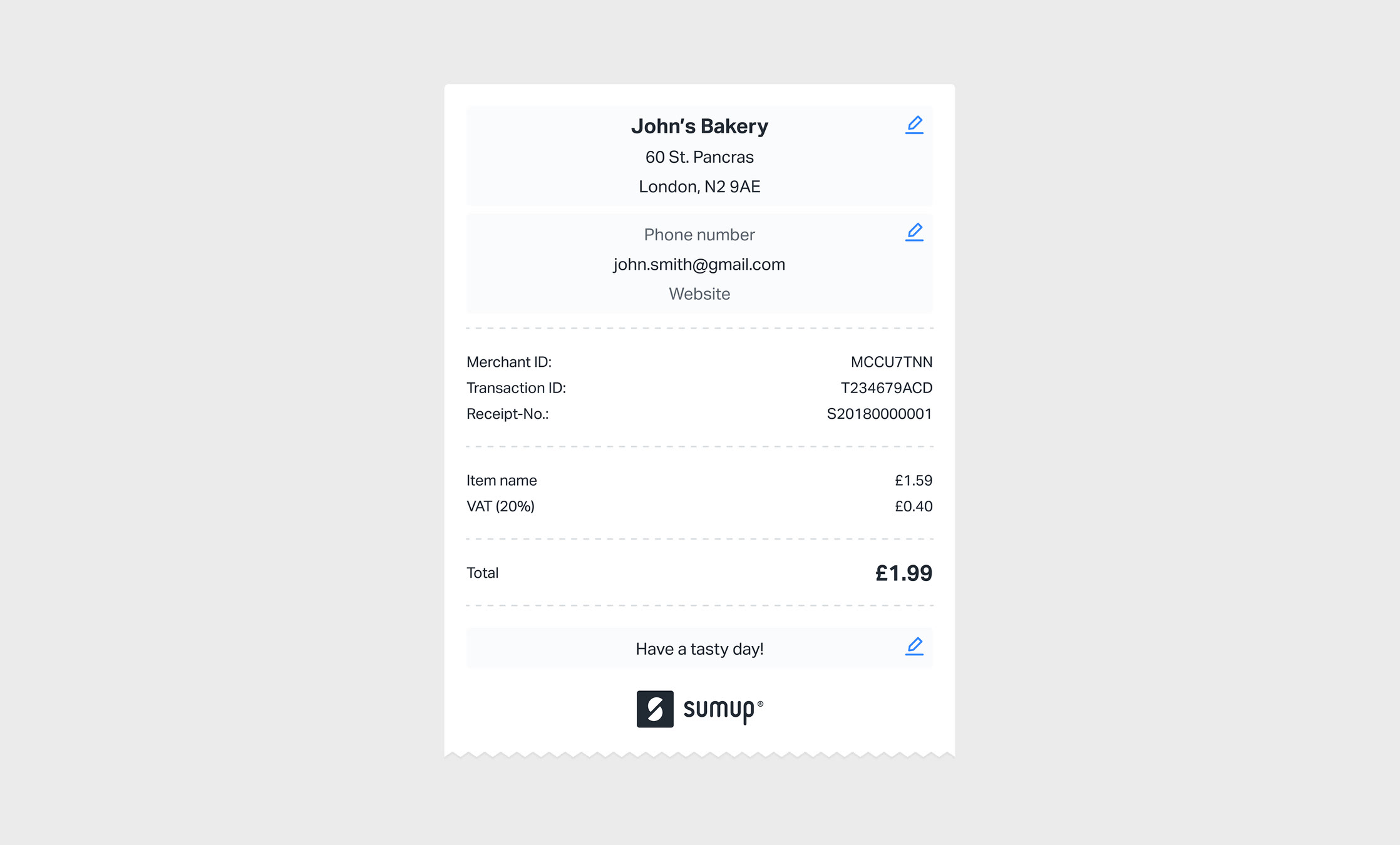 SumUp: Customisable receipts, screen 1